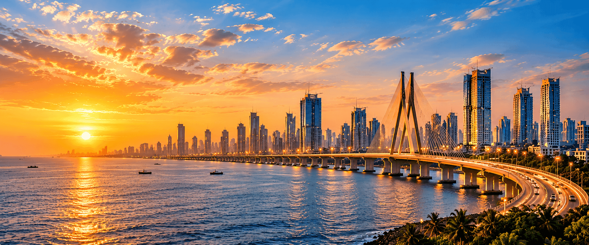 The Bandra–Worli Sea Link and Mumbai skyline at sunset